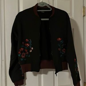 Maroon and black floral Thick bomber jacket heavy duty double zipper